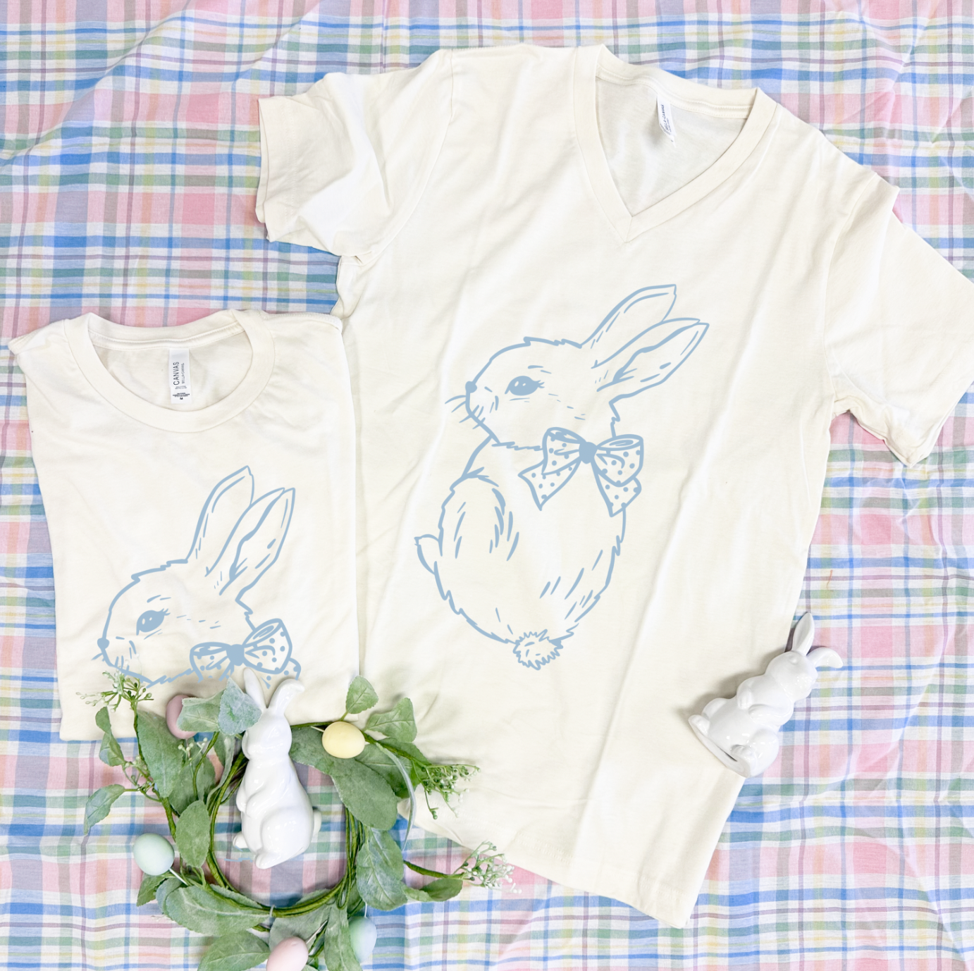 EASTER: Chambray Easter Bunny (BELLA CANVAS VNECK or CREW NECK