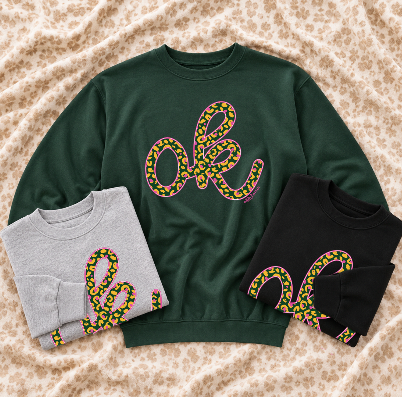 OKLAHOMA 2026: OK Script - Mustard, Green & Pink Fall Leopard (ULTIMATE SWEATSHIRT)