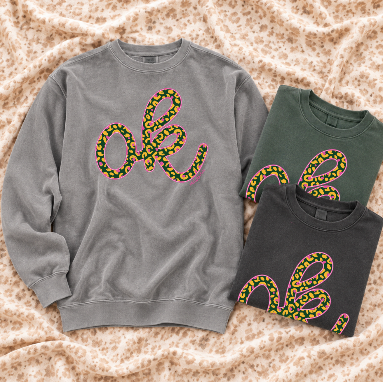 OKLAHOMA 2026: OK Script - Mustard, Green & Pink Fall Leopard (COMFORT COLORS SWEATSHIRT)