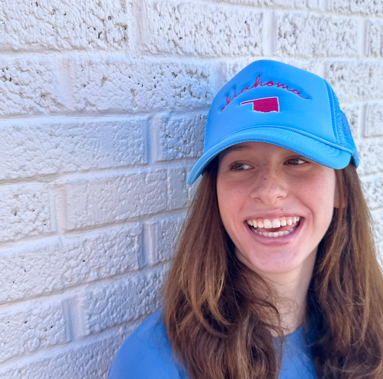 Oklahoma Spring Hat (BRIGHT BLUE MESH BACK w/ HOT PINK Embroidery)