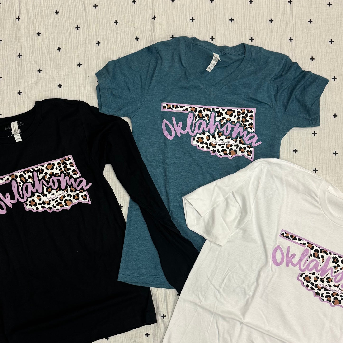 OKLAHOMA: Leopard State Shape (BELLA CANVAS CREW NECK, VNECK, LONGSLEEVE)