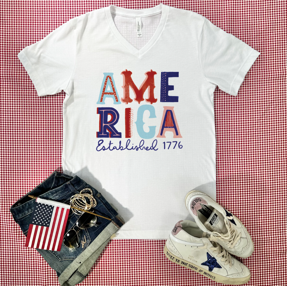 AMERICAN SPIRIT 2024: AMERICA LETTERS (Bella Canvas V-Neck)