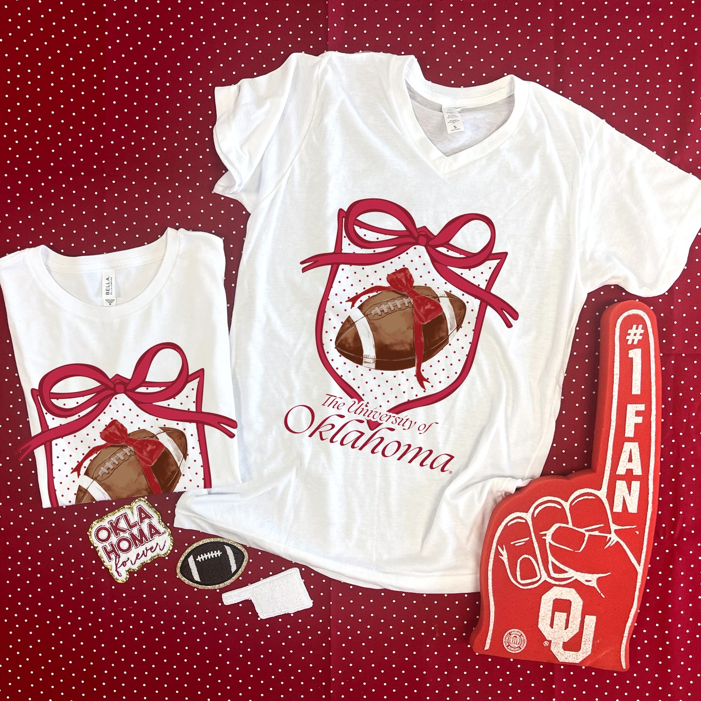 UNIV. OF OK 2025: Polkadot Crest & Football (BELLA CANVAS VNECK)
