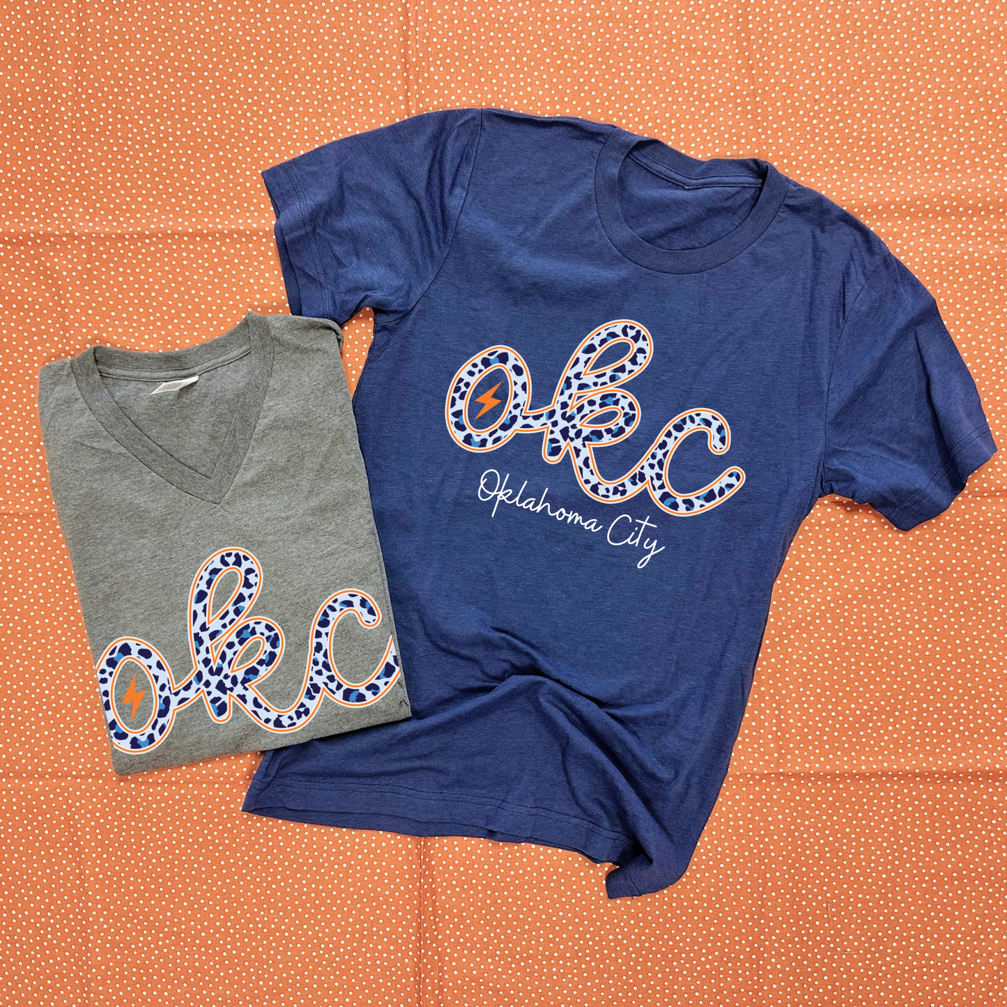 OKC SPIRIT: OKC Script Blue Leopard (BELLA CANVAS VNECK or CREW NECK)