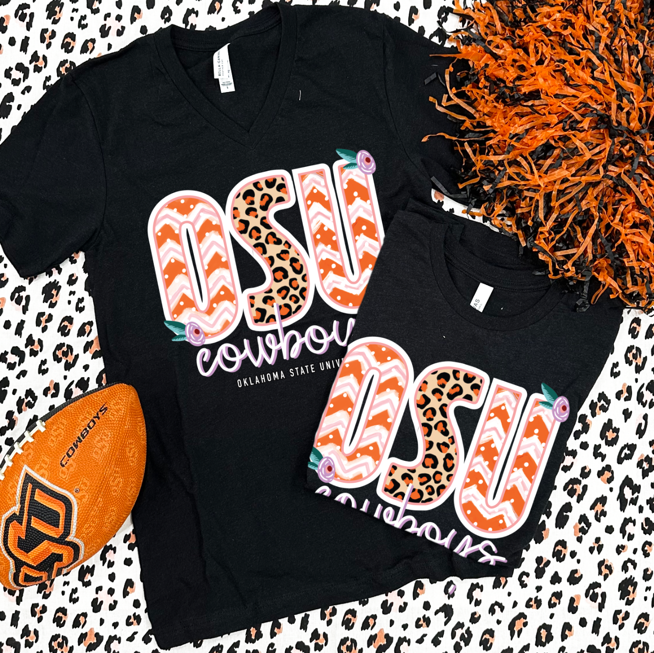 OK STATE UNIV. 2023: OSU Leopard & Chevron Mixed Patterns (VNECK or CREW NECK)