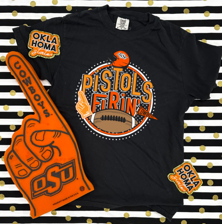 OK STATE UNIV. 2023: Pistols Firin' Football Polkadot Circle (SHORTSLEEVE)