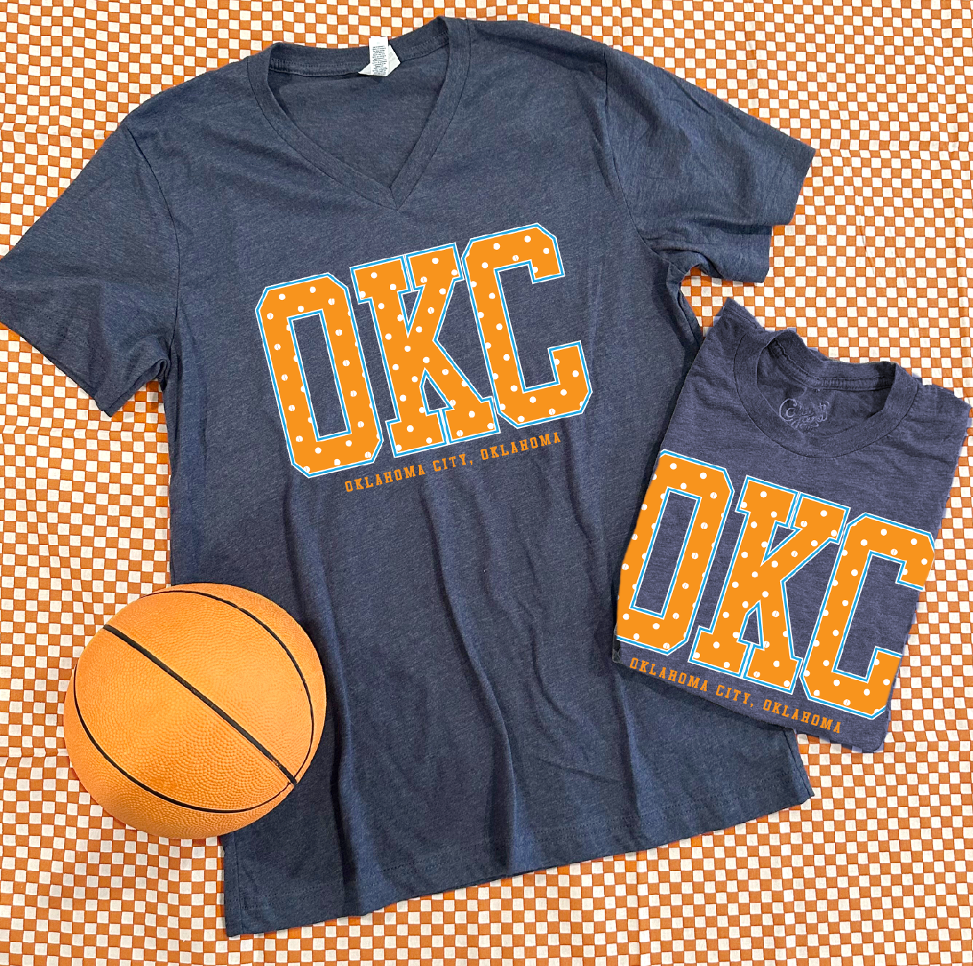 "OKC" Orange & White Polkadots (BELLA CANVAS VNECK or CREW NECK)