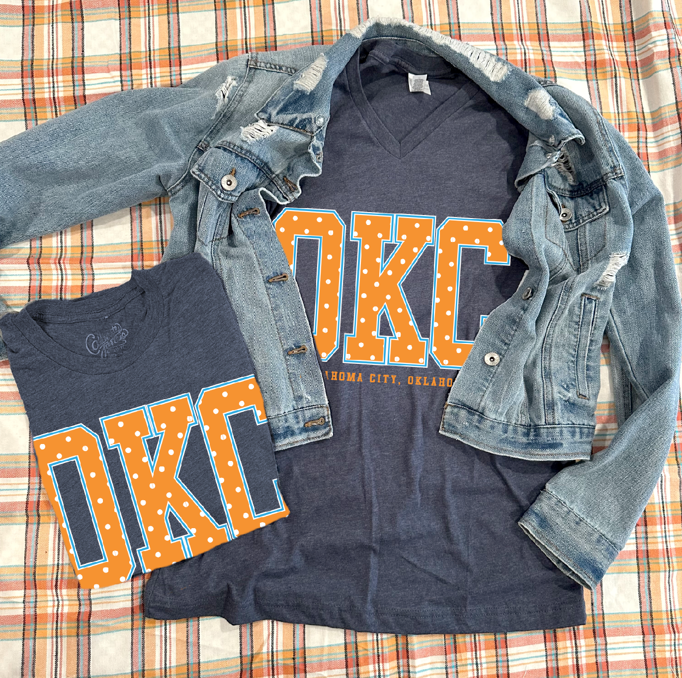 SWEET TEE TUESDAY: "OKC" Orange & White Polkadots (BASIC VNECK or CREW NECK)