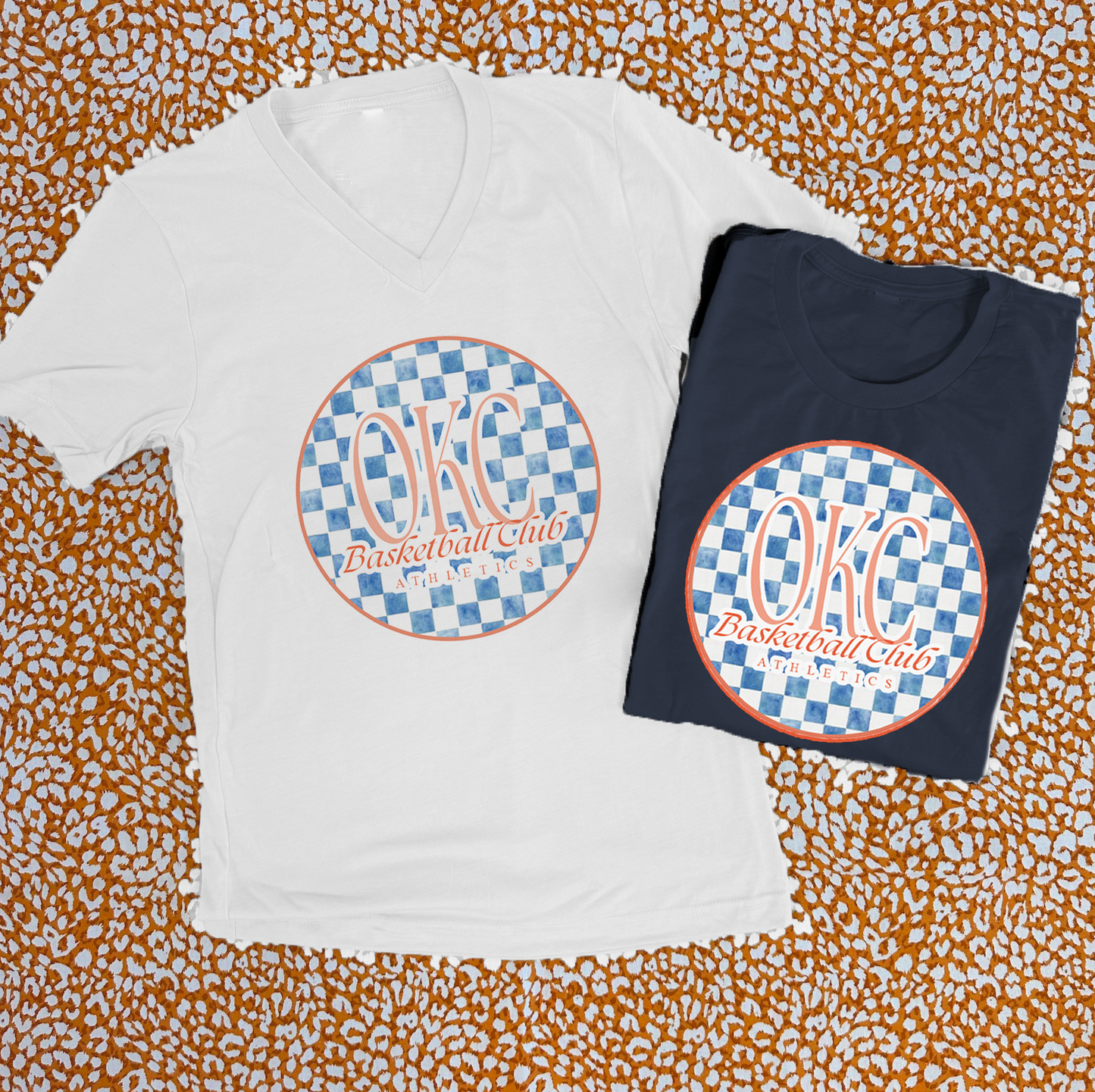 OKC SPIRIT: Oklahoma City Basketball Club Blue Checked (BELLA CANVAS VNECK or CREW NECK *NAVY OR WHITE*)