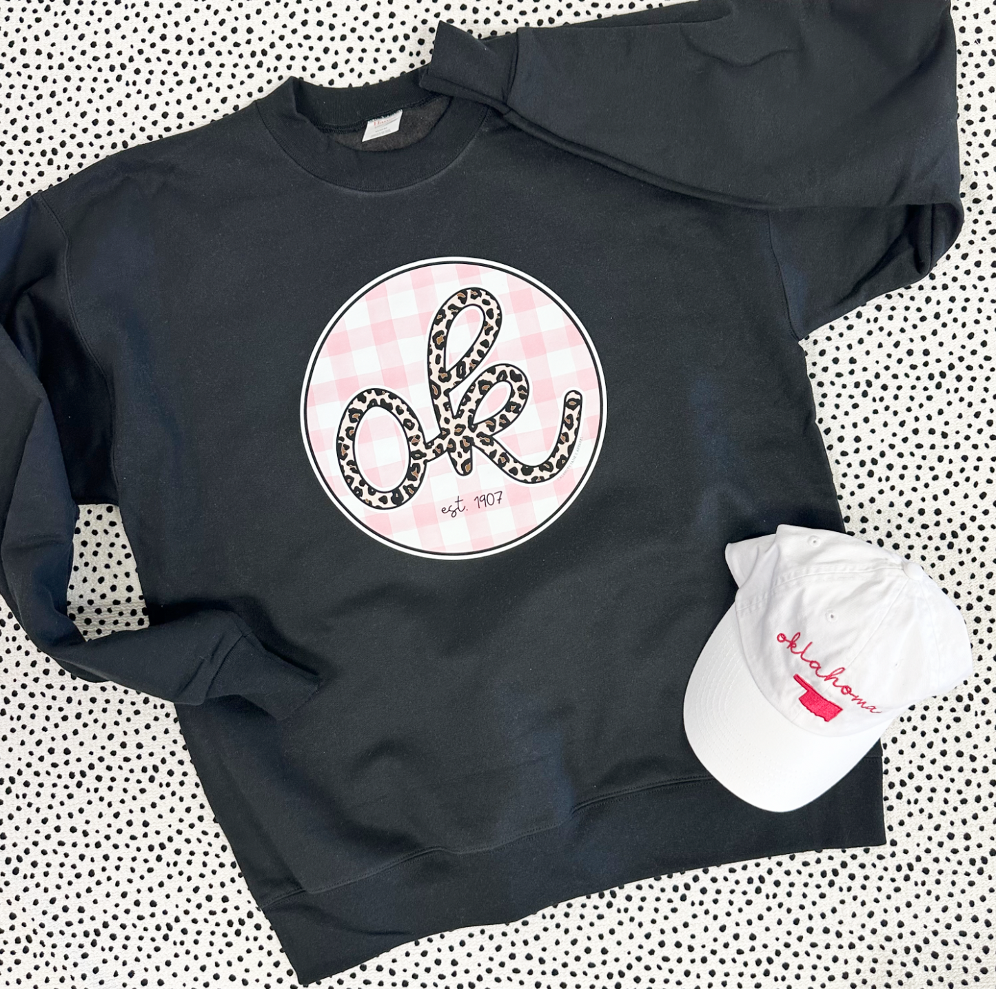 OKLAHOMA 2025: OK Leopard & Pink Check Circle - ULTIMATE SWEATSHIRT
