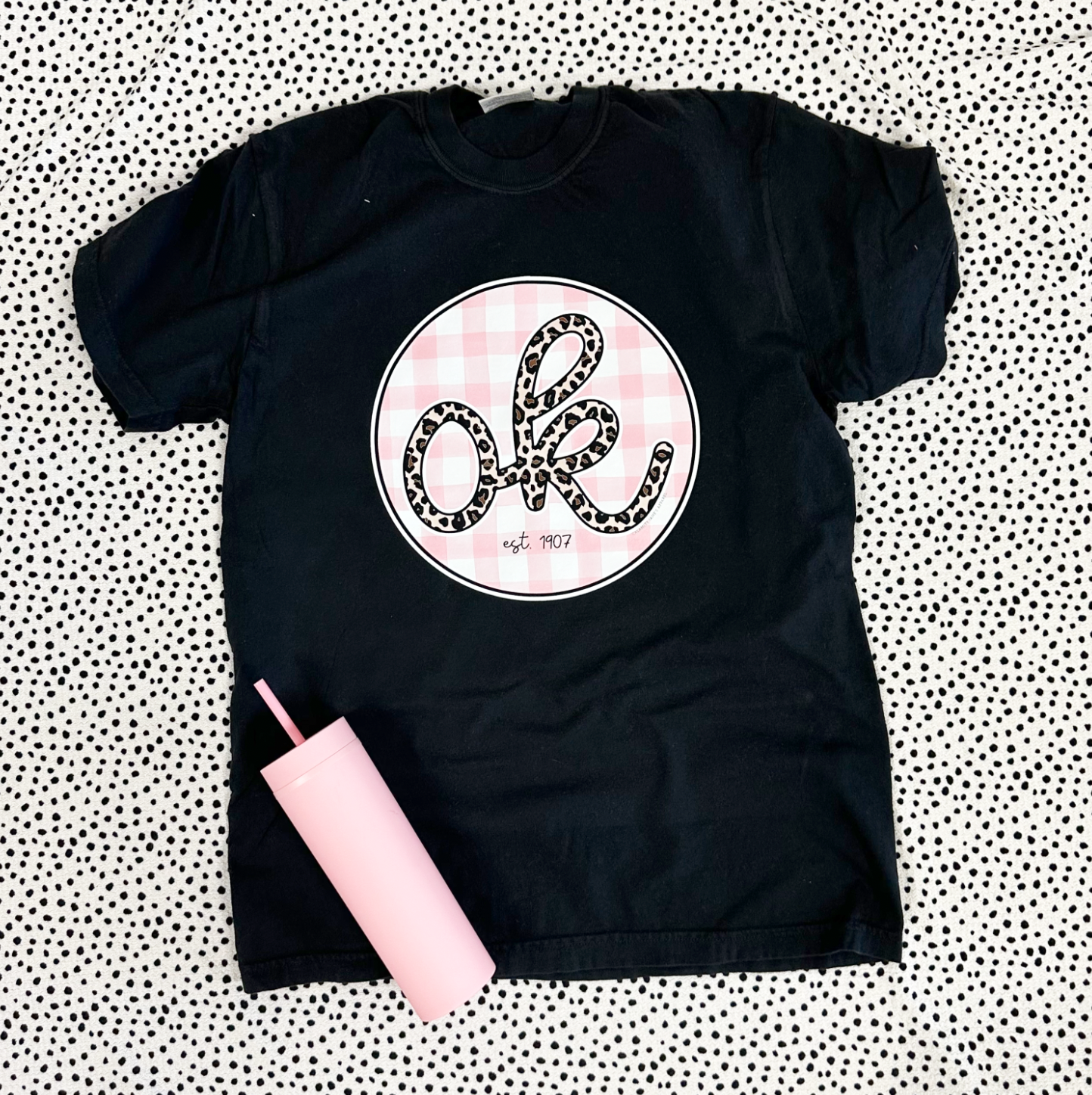 OKLAHOMA 2025: OK Leopard & Pink Check Circle - COMFORT COLORS SHORTSLEEVE