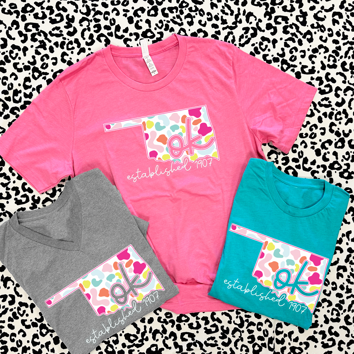 SWEET TEE TUESDAY: Oklahoma Bright Leopard State Shape (BASIC VNECK or CREW NECK)