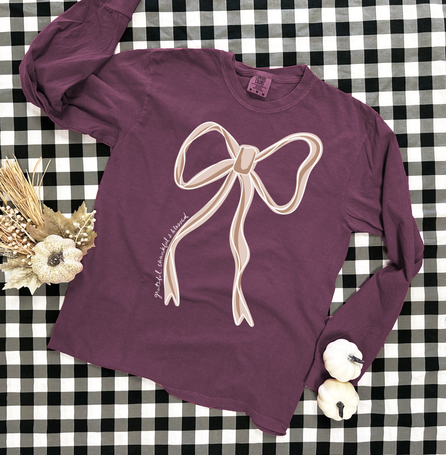 THANKSGIVING 2025: Grateful, Thankful, Blessed Bow (COMFORT COLORS LONGSLEEVE)