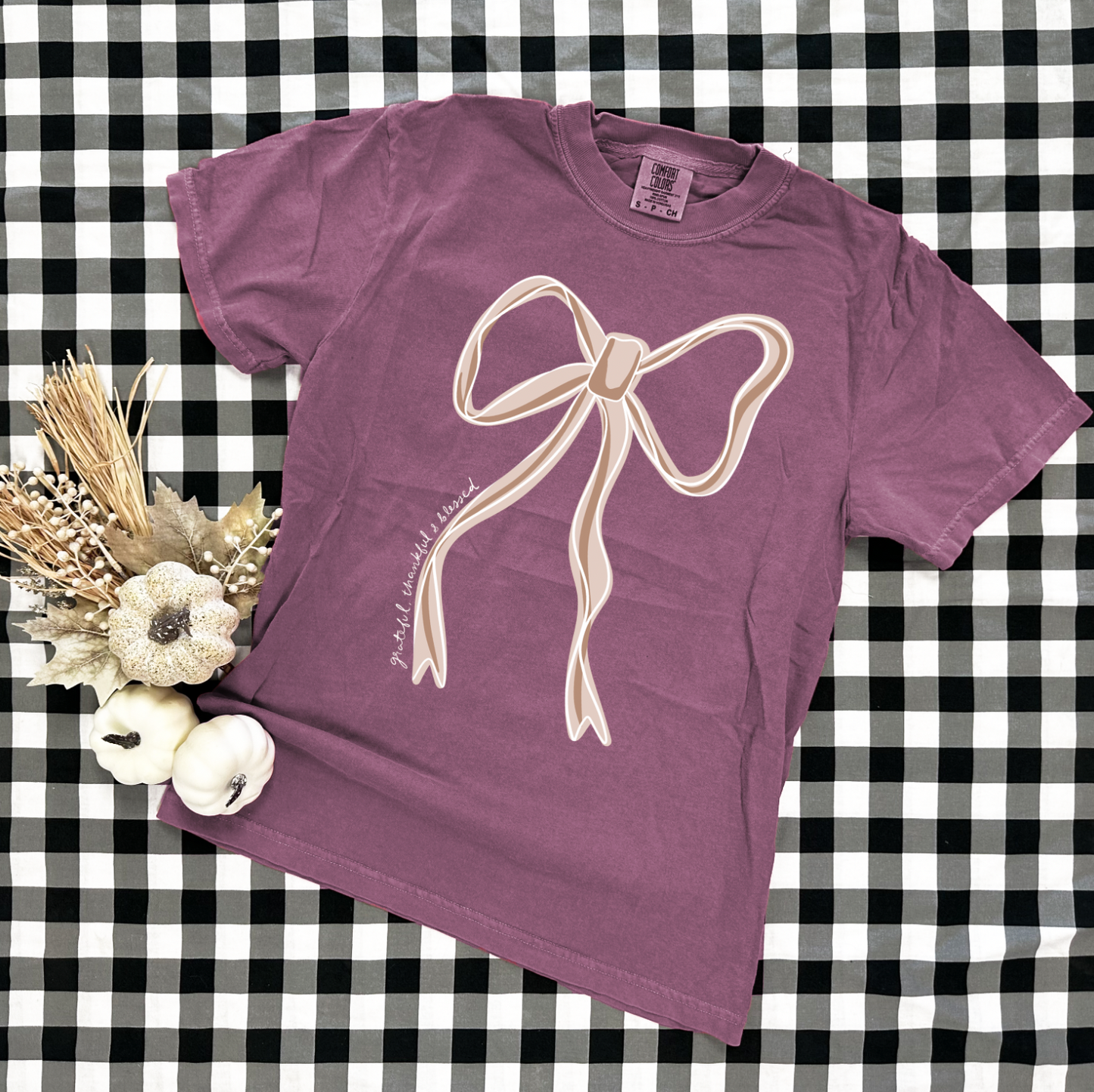 THANKSGIVING 2025: Grateful, Thankful, Blessed Bow (COMFORT COLORS SHORTSLEEVE)
