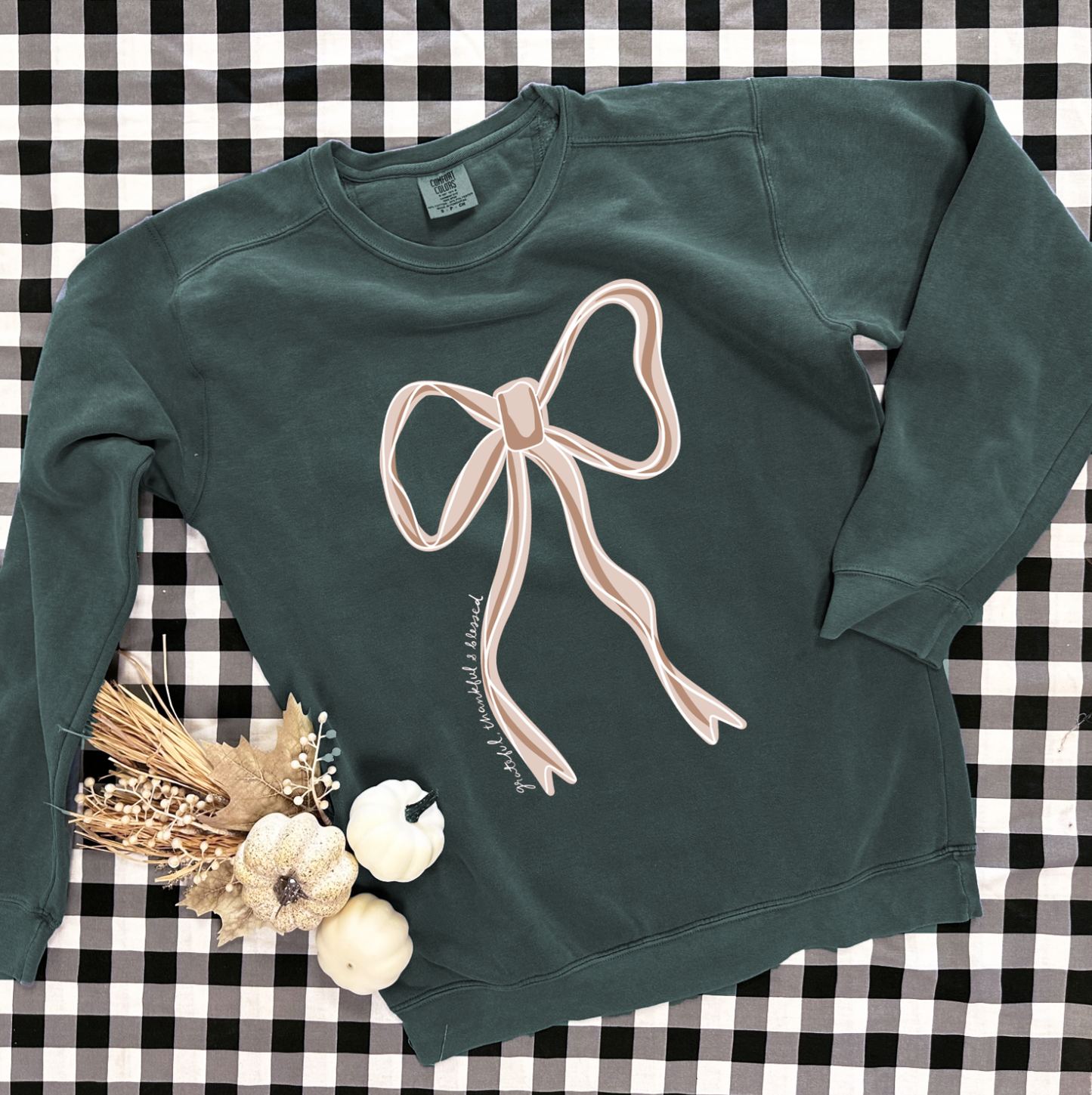 THANKSGIVING 2025: Grateful, Thankful, Blessed Bow (COMFORT COLORS SWEATSHIRT)
