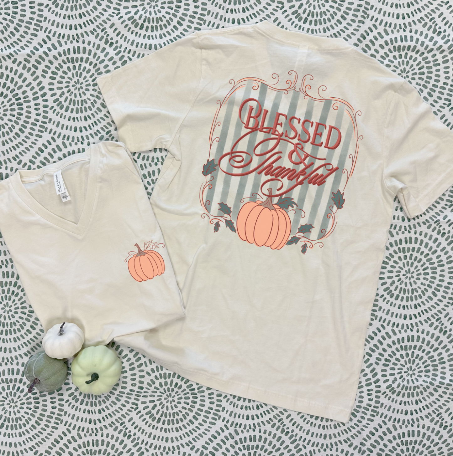 THANKSGIVING 2025: Blessed & Thankful Coquette Stripes (VNECK)