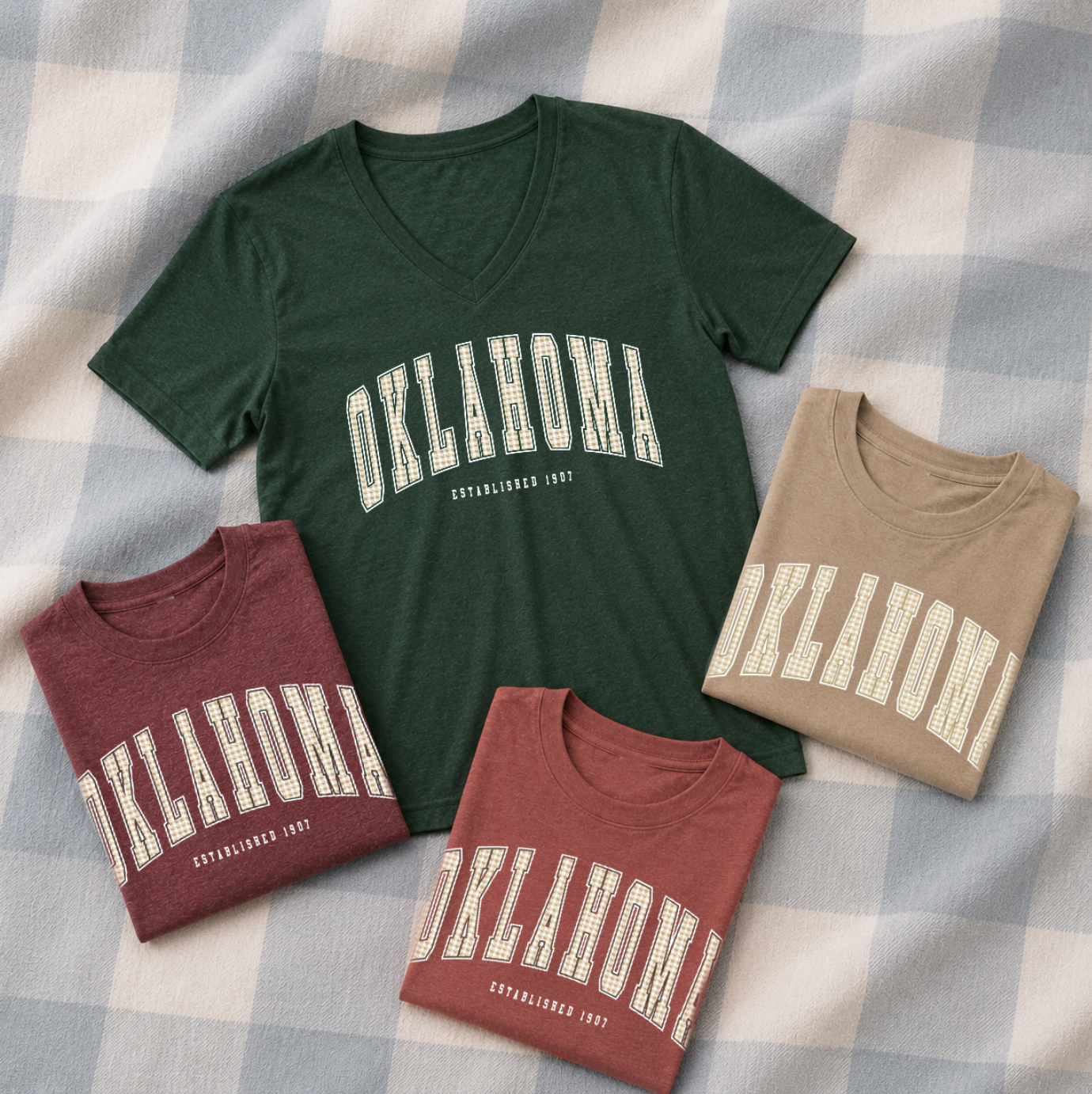 SWEET TEE TUESDAY: Oklahoma Arched Tan Buffalo Check (BELLA CANVAS CREW NECK or VNECK) (Copy)