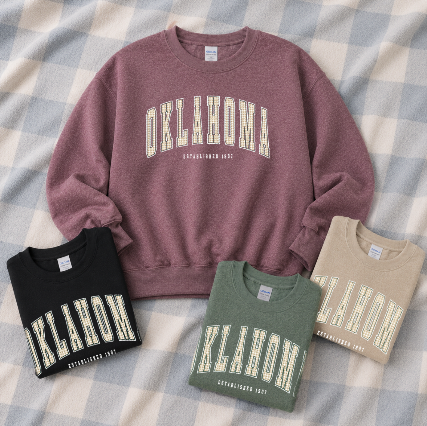 SWEET TEE TUESDAY: Oklahoma Arched Tan Buffalo Check (BASIC SWEATSHIRT)