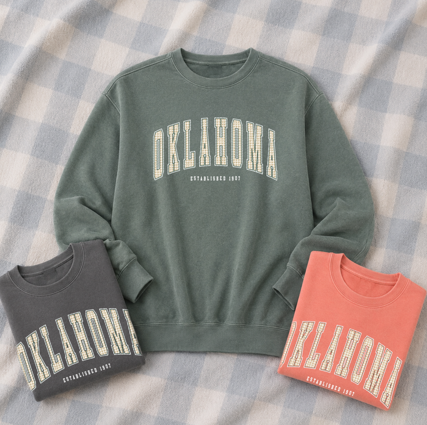 SWEET TEE TUESDAY: Oklahoma Arched Tan Buffalo Check (COMFORT COLORS SWEATSHIRT)