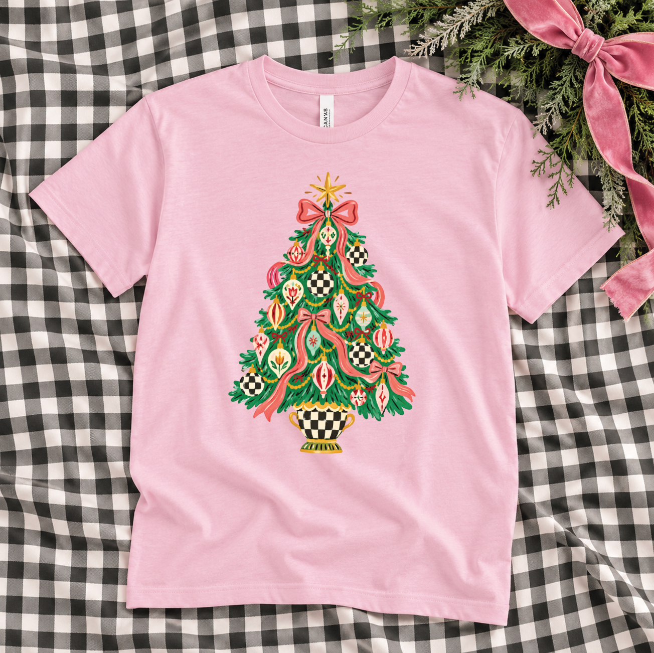 CHRISTMAS 2026: Courtly Checkered Little Christmas Tree (BELLA CANVAS VNECK or CREW NECK)