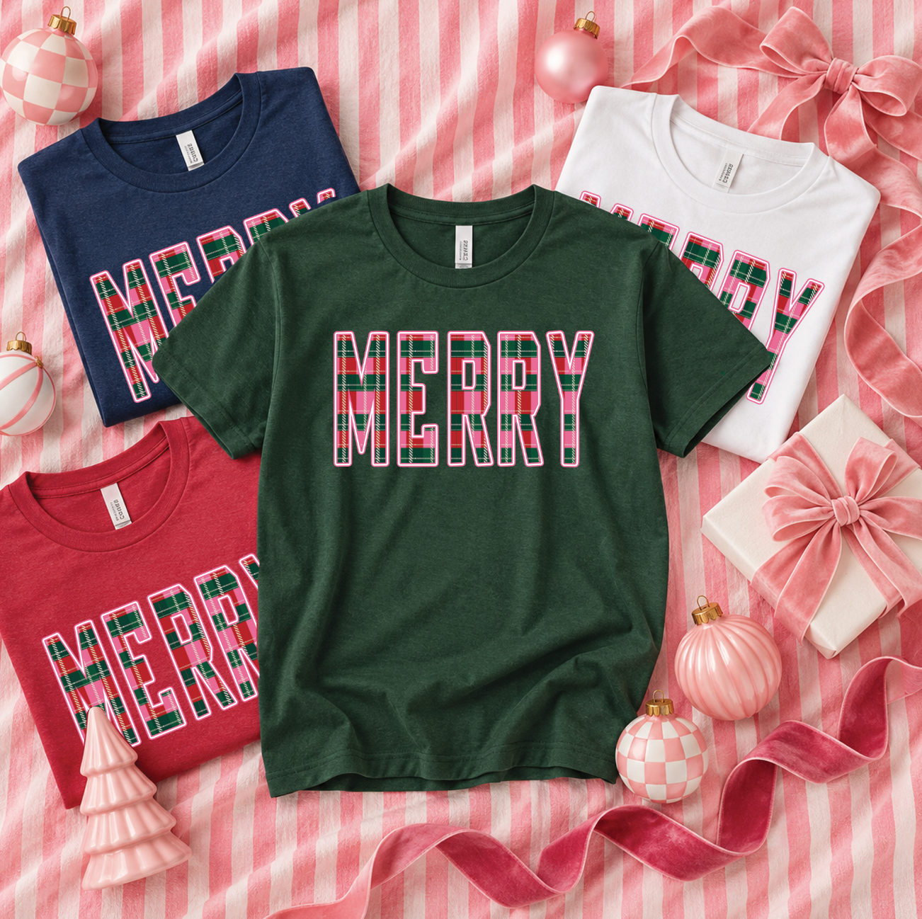 CHRISTMAS 2026: "MERRY" Festive Plaid (BELLA CANVAS VNECK or CREW NECK)