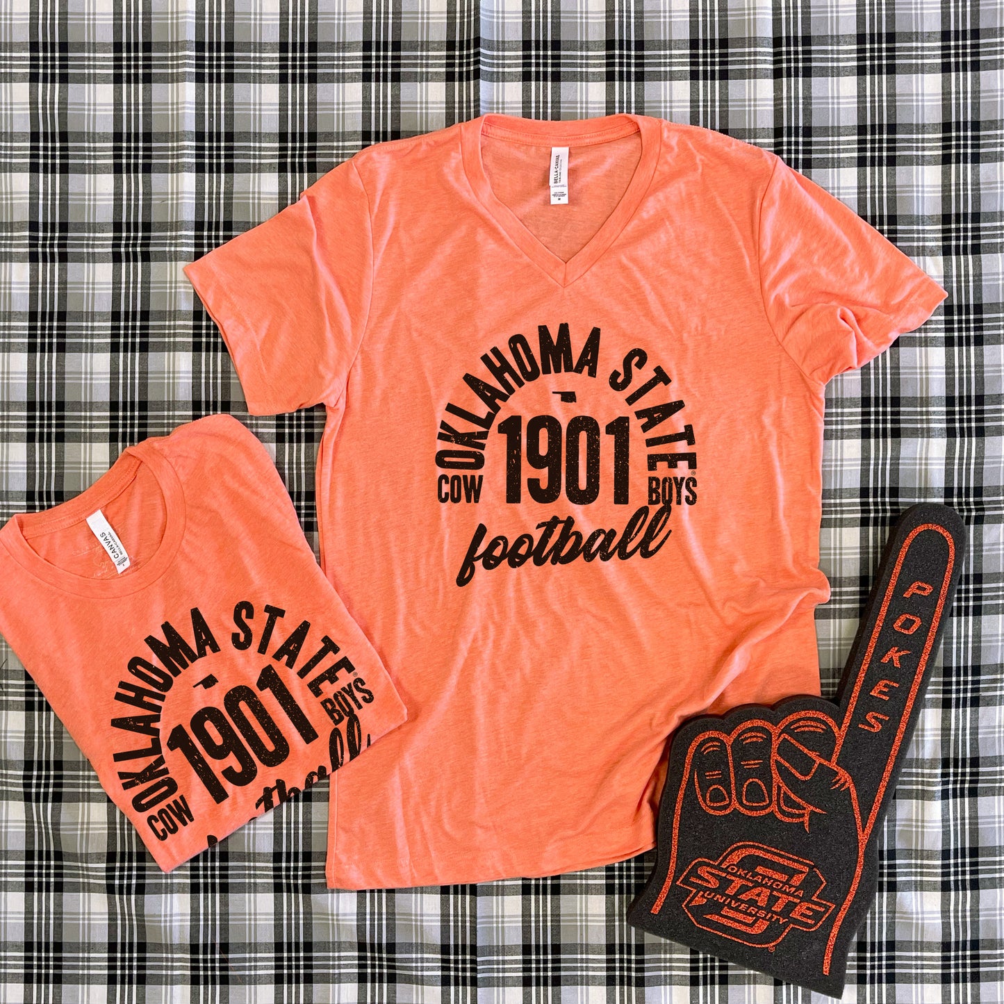 OK STATE 2025: Oklahoma State Vintage Arch Text (BELLA CANVAS VNECK)