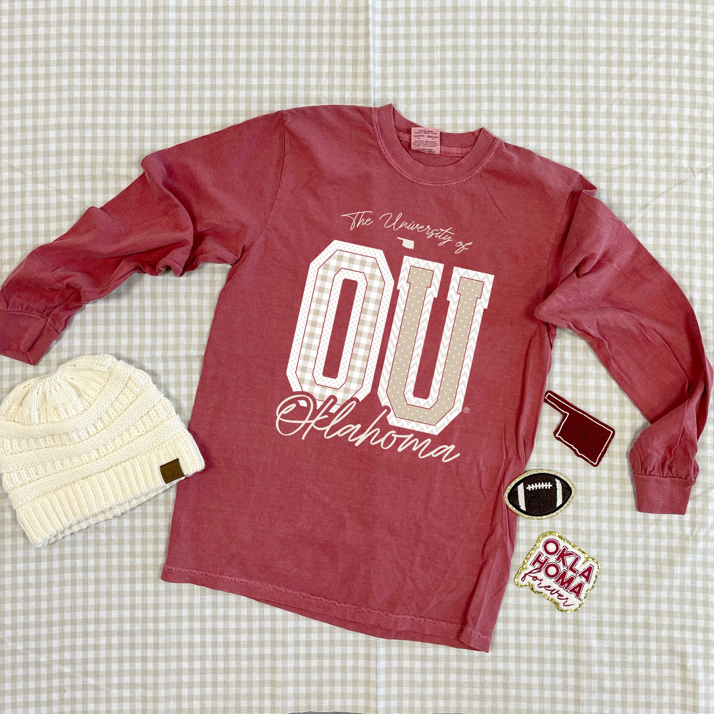 UNIV. OF OK 2025: OU Mixed Pattern Gingham & Chevron (COMFORT COLORS LONGSLEEVE)