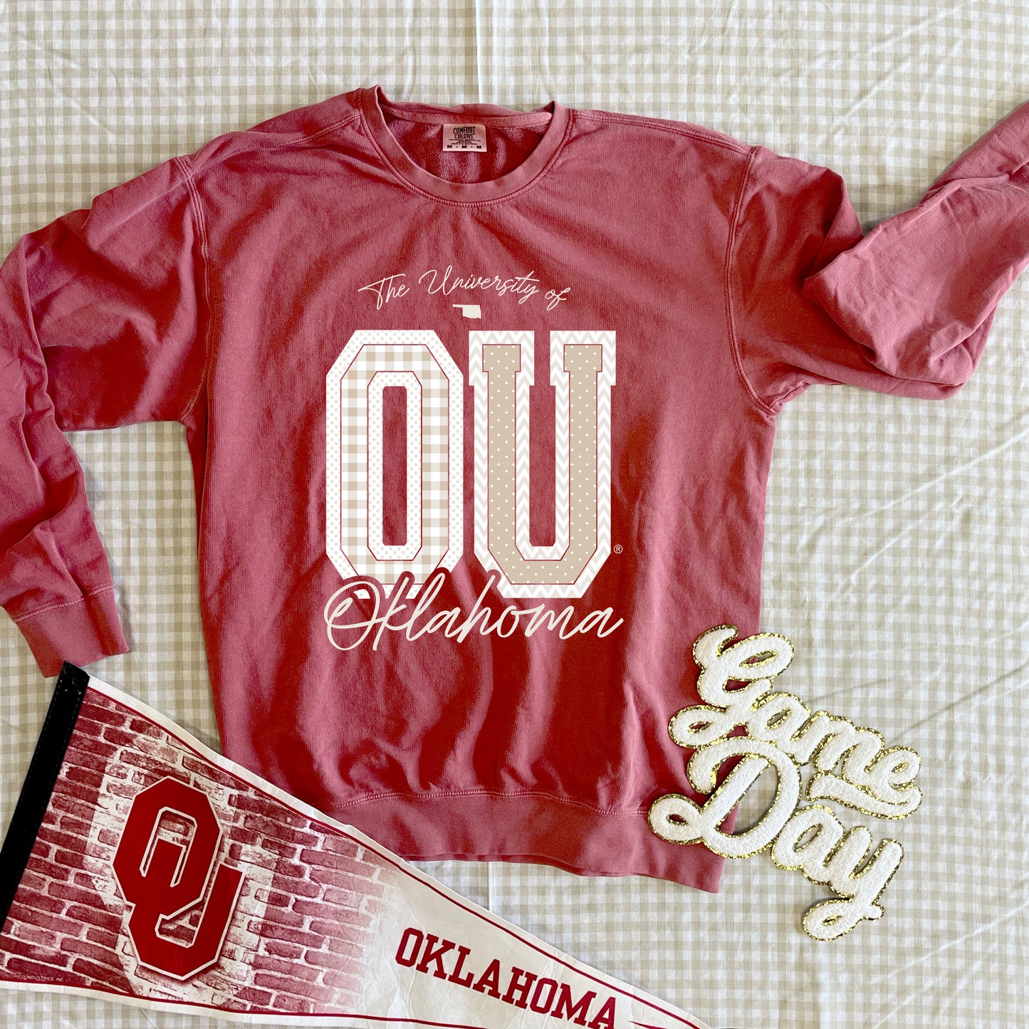 UNIV. OF OK 2025: OU Mixed Pattern Gingham & Chevron (COMFORT COLORS SWEATSHIRT)