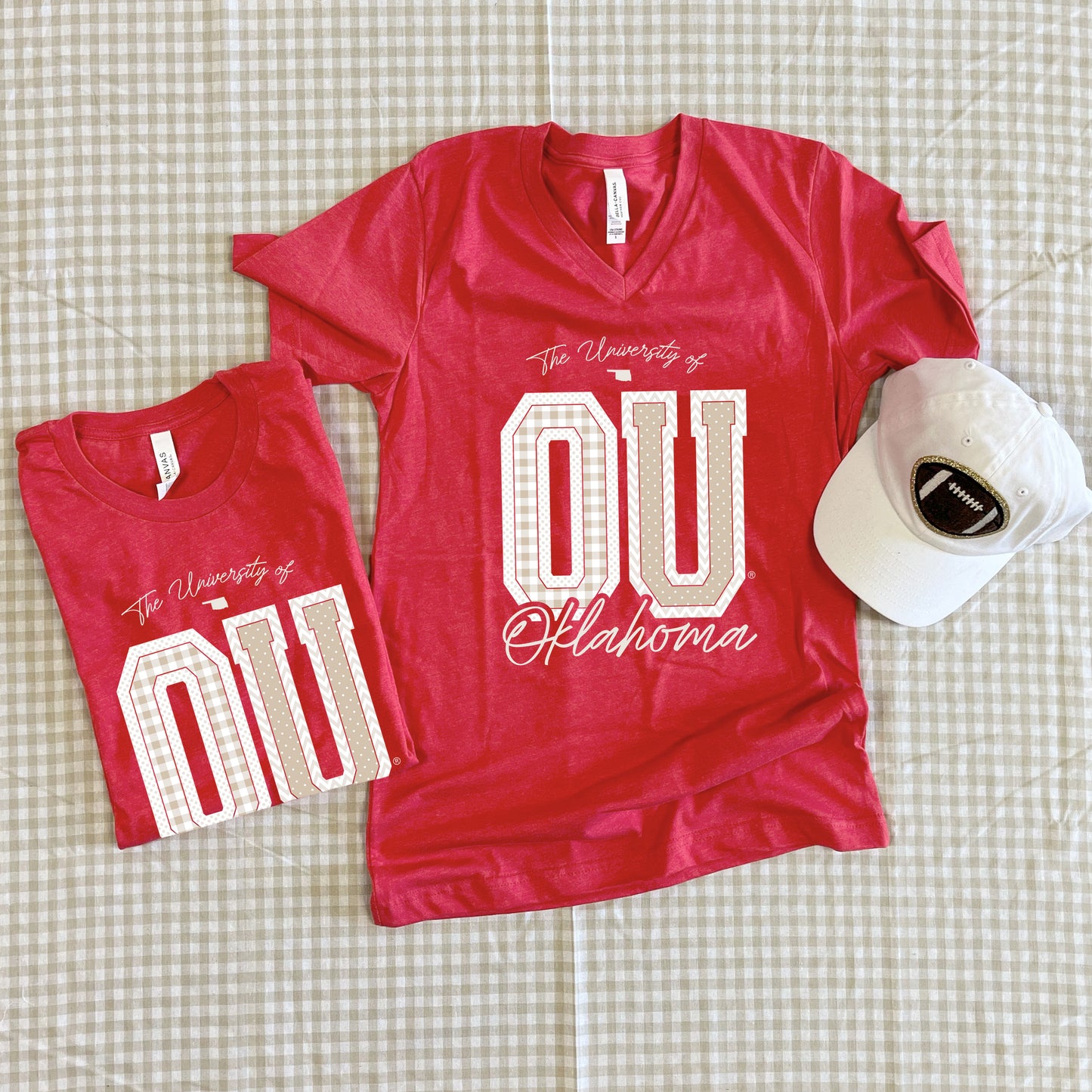 UNIV. OF OK 2025: OU Mixed Pattern Gingham & Chevron (BELLA CANVAS VNECK)