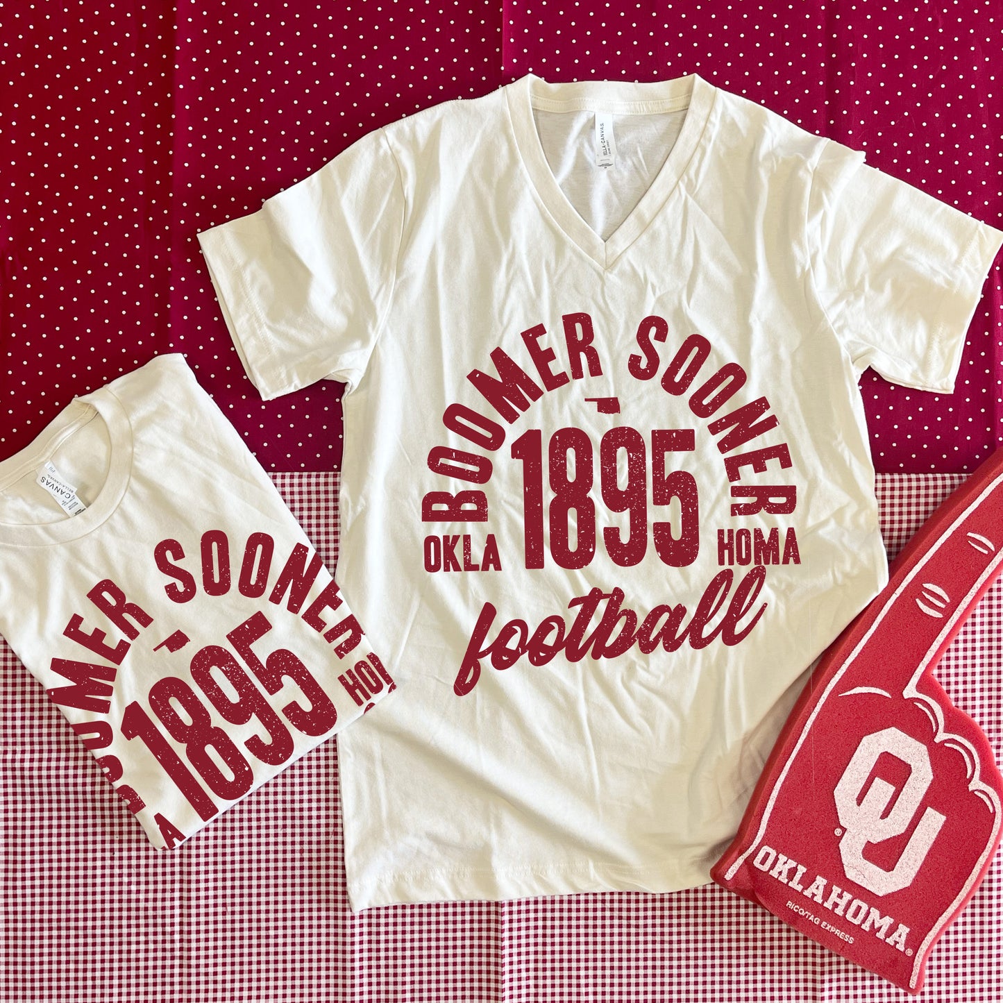 UNIV. OF OK 2025: Boomer Sooner Vintage Arch Text (BELLA CANVAS VNECK)