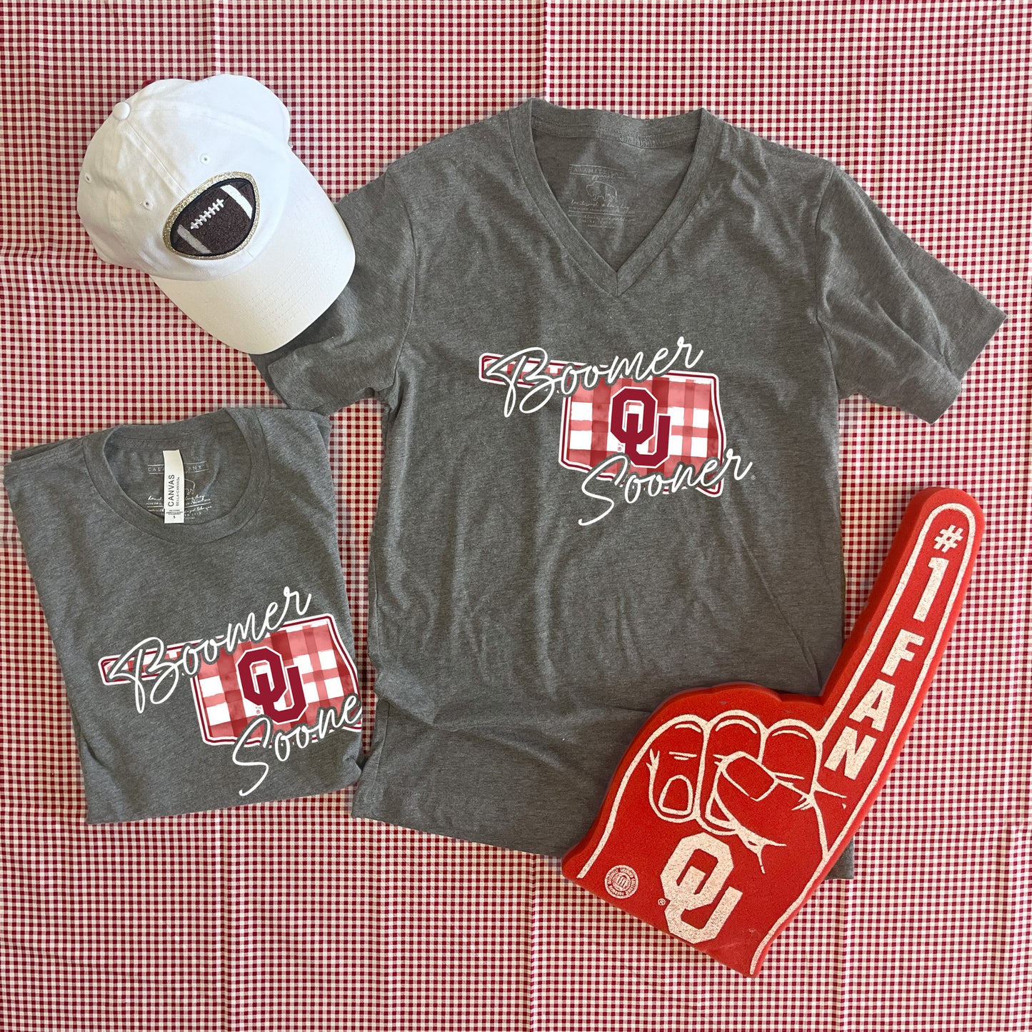 UNIV. OF OK 2025: Boomer Sooner Watercolor Plaid State (BELLA CANVAS VNECK)