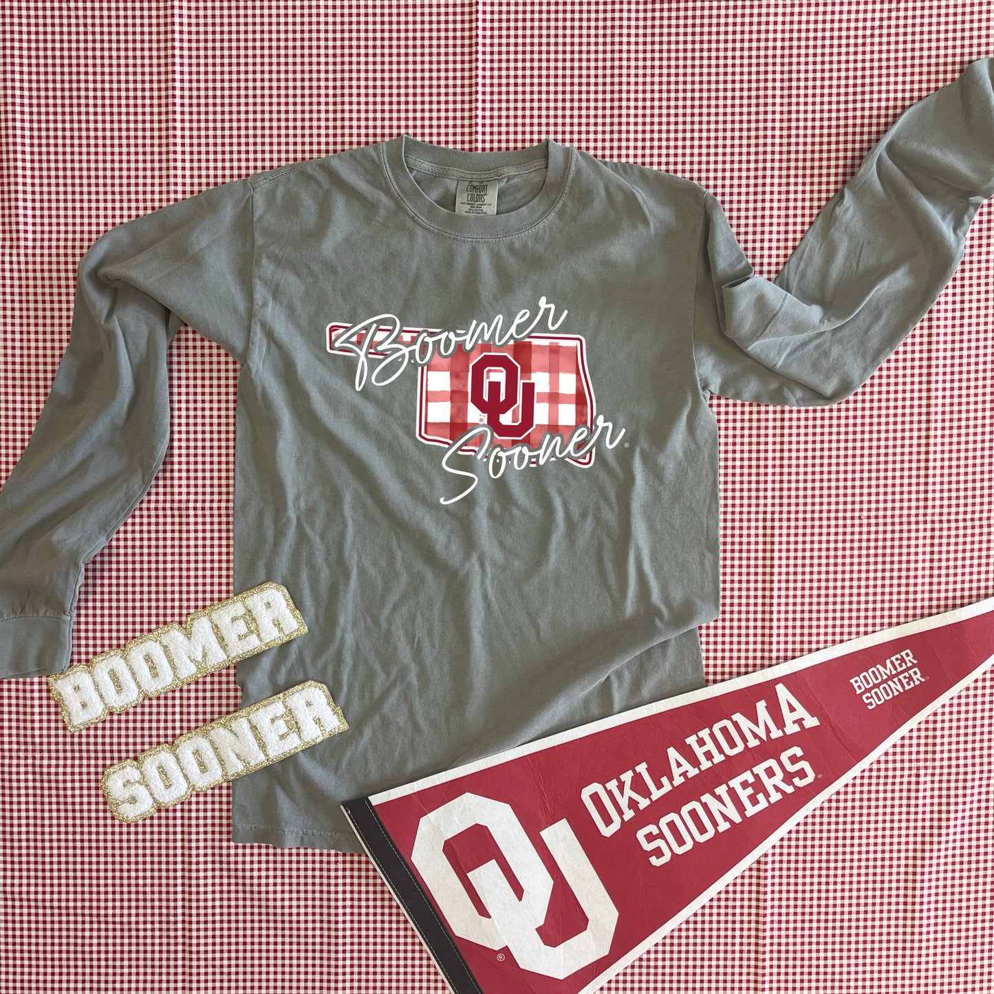 UNIV. OF OK 2025: Boomer Sooner Watercolor Plaid State (COMFORT COLORS LONGSLEEVE)