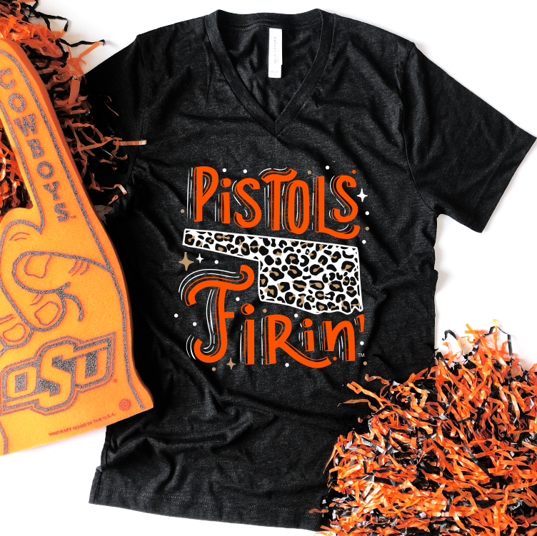 OK STATE 2021: Pistols Firin' Leopard State & Gold Shimmer - VNECK