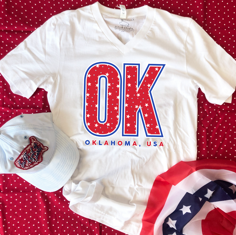 ST: "OK" Stars & Polkadots Pattern (BELLA CANVAS VNECK)