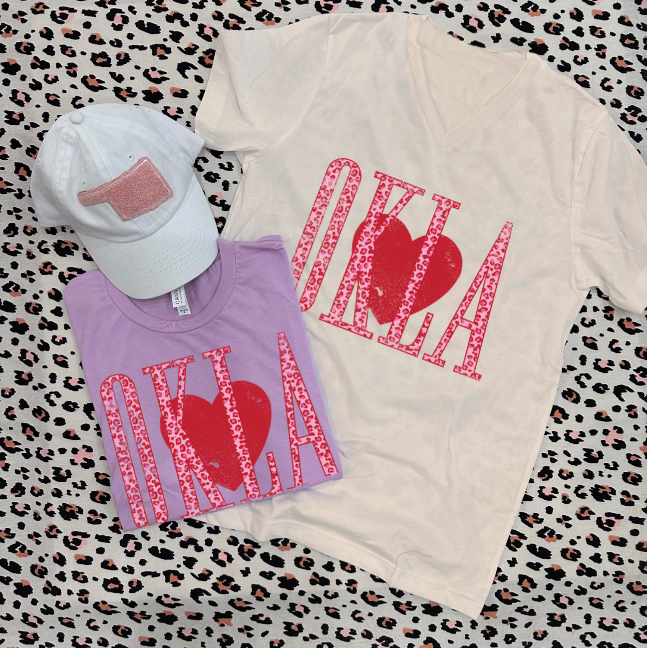 VALENTINE: OKLA Heart & Pink Leopard (BELLA CANVAS CREW NECK)