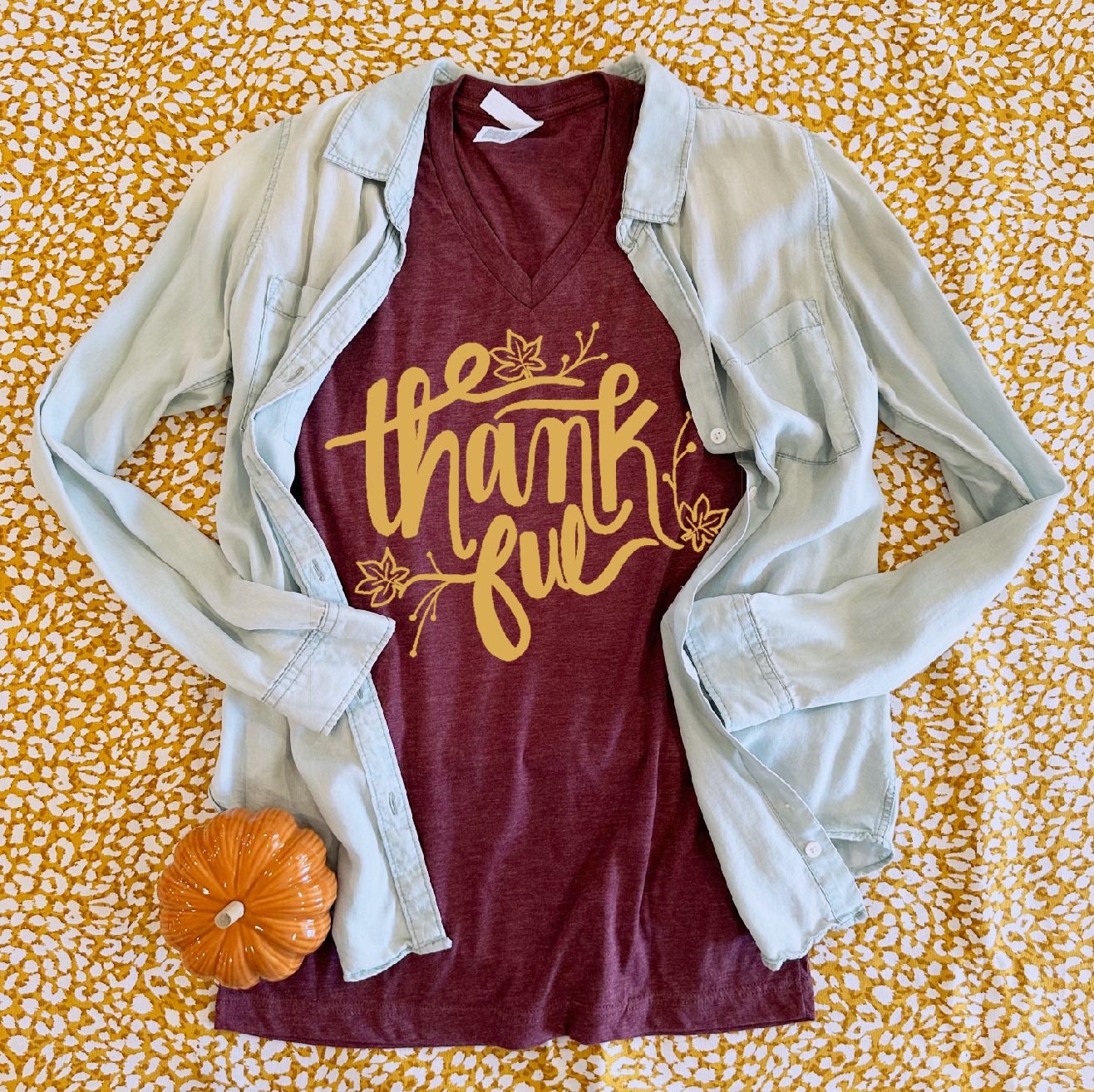 THANKSGIVING: Thankful, Mustard & Maroon (VNECK)
