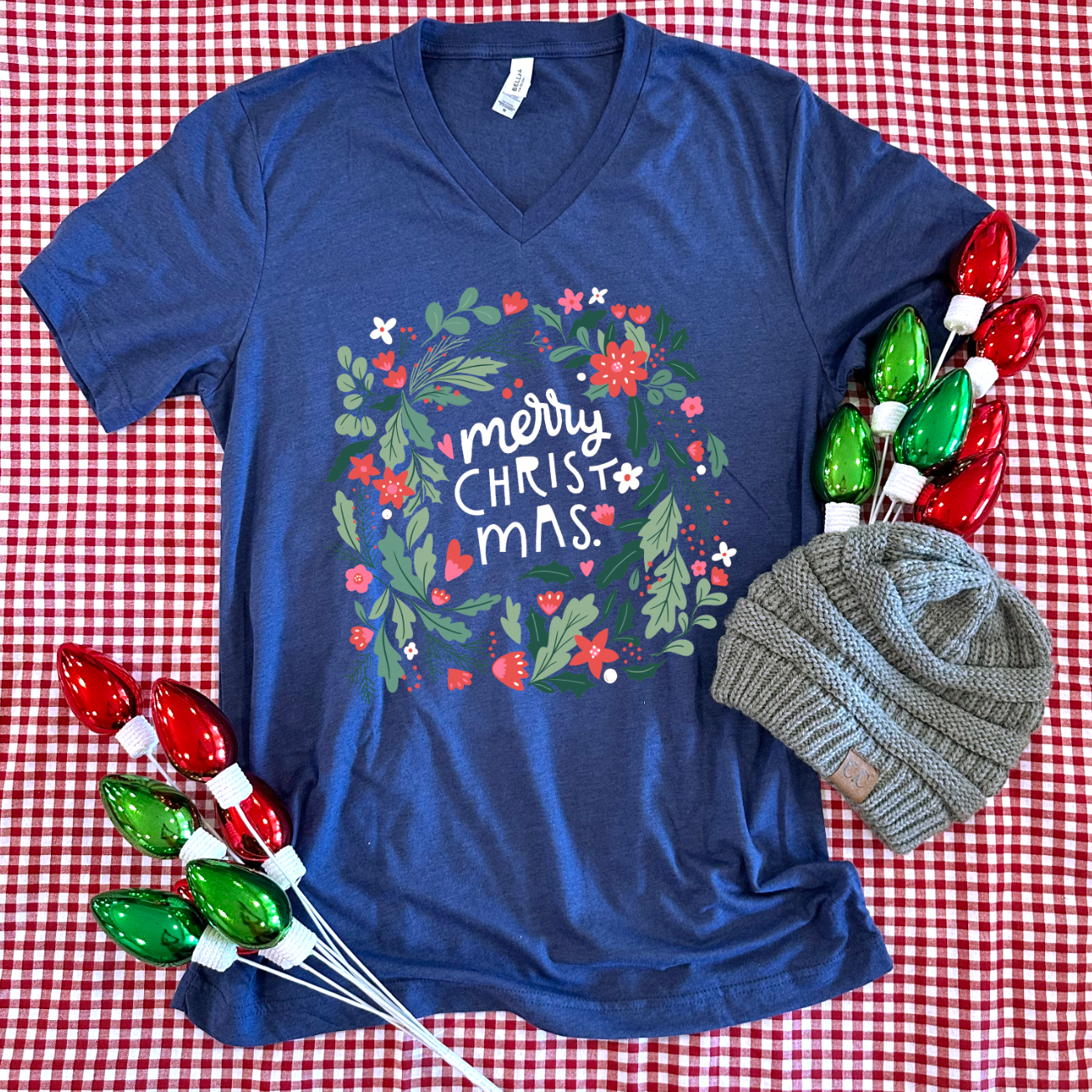 Merry Christmas Navy Wreath - VNECK