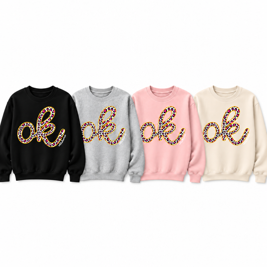OKLAHOMA 2026: OK Colorful Leopard Pattern (SWEATSHIRT, COMFORT COLORS SHORT & LONG SLEEVE, BELL CANVAS VNECK & CREW NECK)