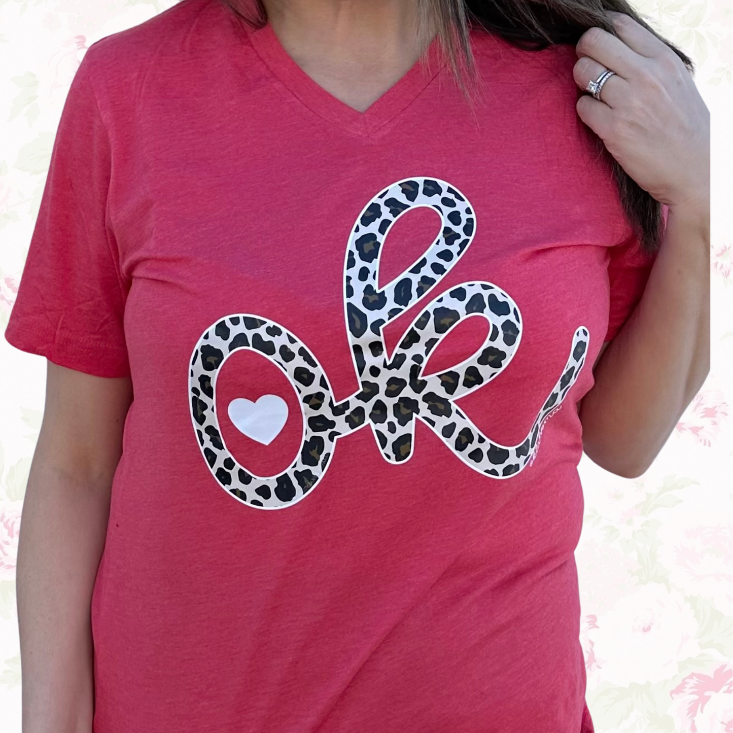 VALENTINE 2026: OK Heart & Leopard Script (BELLA CANVAS VNECK - MULTIPLE COLOR OPTIONS)