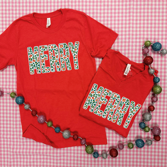 CHRISTMAS 2025: MERRY Christmas Leopard Pattern (BELLA CANVAS VNECK OR CREW NECK)