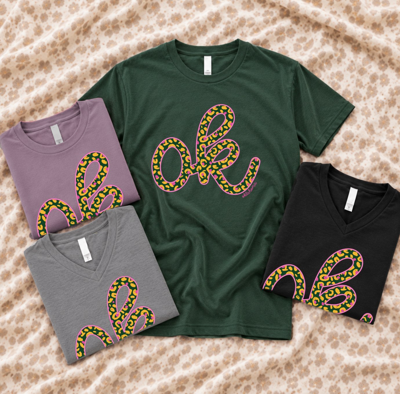 OKLAHOMA 2026: OK Script - Mustard, Green & Pink Fall Leopard (BELLA CANVAS CREW NECK or VNECK)