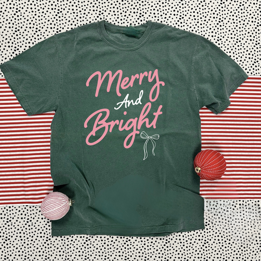 CHRISTMAS 2025: Merry & Bright Pink Script (BASIC CREW NECK)