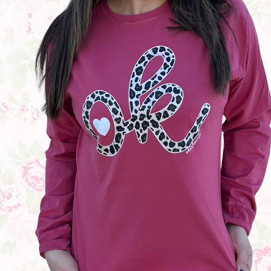 VALENTINE 2026: OK Heart & Leopard Script (COMFORT COLORS LONGSLEEVE - MULTIPLE COLORS)