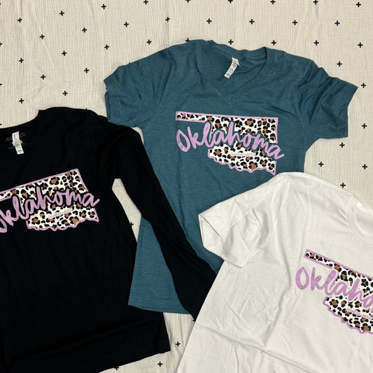 OKLAHOMA: Leopard State Shape (BELLA CANVAS CREW NECK, VNECK, LONGSLEEVE)