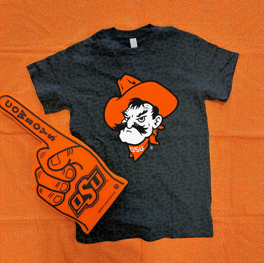 OK STATE 2025: OSU Logo "PISTOL PETE" Leopard Print Tee (CREW NECK TSHIRT)