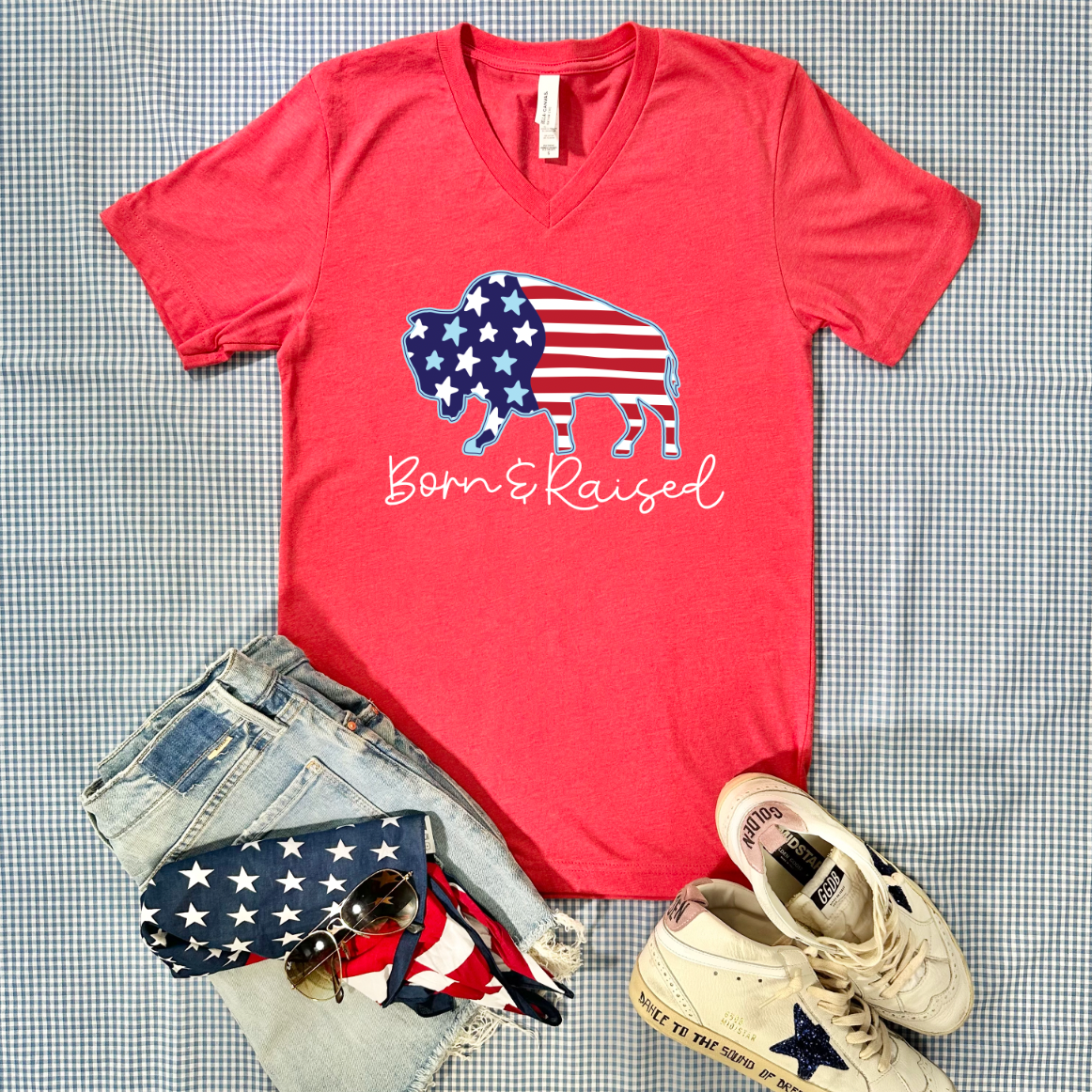 AMERICAN SPIRIT 2024: BORN & RAISED (Bella Canvas V-Neck)