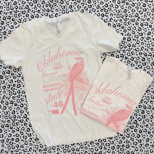 OKLAHOMA 2026: Delicate Pink Scissortail Script (BELLA CANVAS VNECK or CREW NECK)