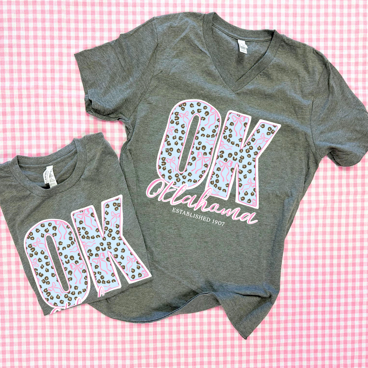 OKLAHOMA 2026: OK Chambray Leopard & Bows (BELLA CANVAS VNECK)