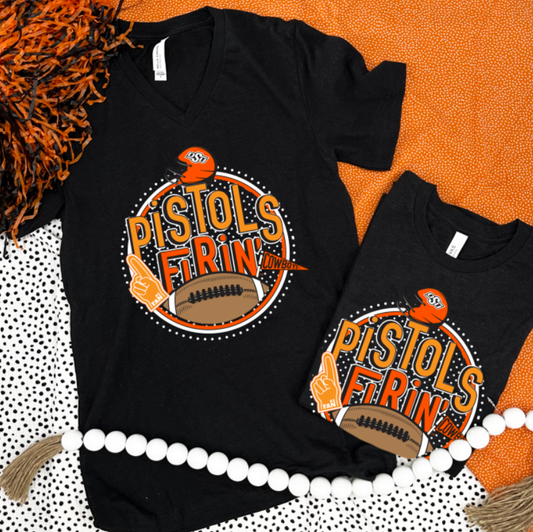 OK STATE UNIV. 2023: Pistols Firin' Football Polkadot Circle (VNECK or CREW NECK)