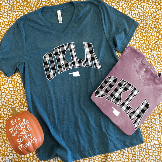 OKLA Arched Buffalo Check (BELLA CANVAS VNECK or CREW NECK)